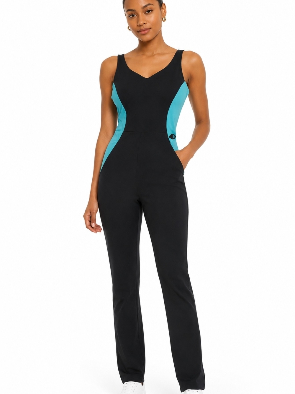 solo Black Jumpsuit with Teal Side Panels Colorblock Sleeveless Women Size XL
